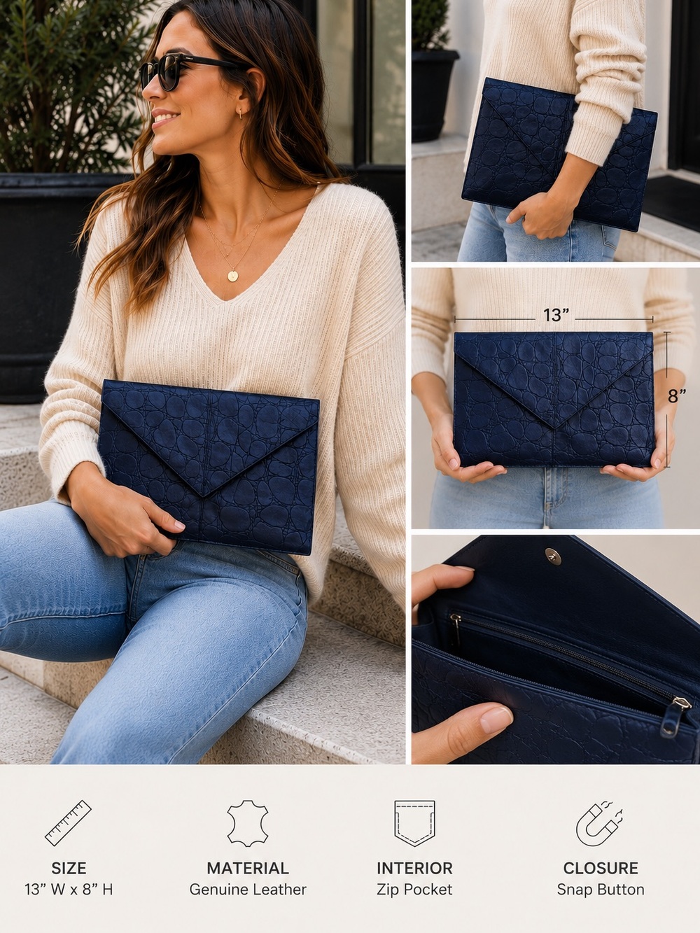Debenhams Classics NWT Genuine Leather Croc Embossed Envelope Clutch Black